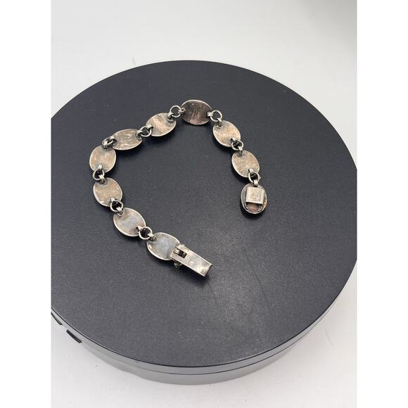 Sterling Silver 925 Vintage Ten Oval Onyx Inlay Linked Bracelet 15.7 Gram, Sz 7 - Picture 6 of 11